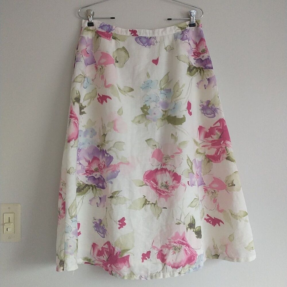 Chaps Midi Skirt Womens 10 Floral Linen Blend Button Front Watercolor Cottage - Picture 6 of 8
